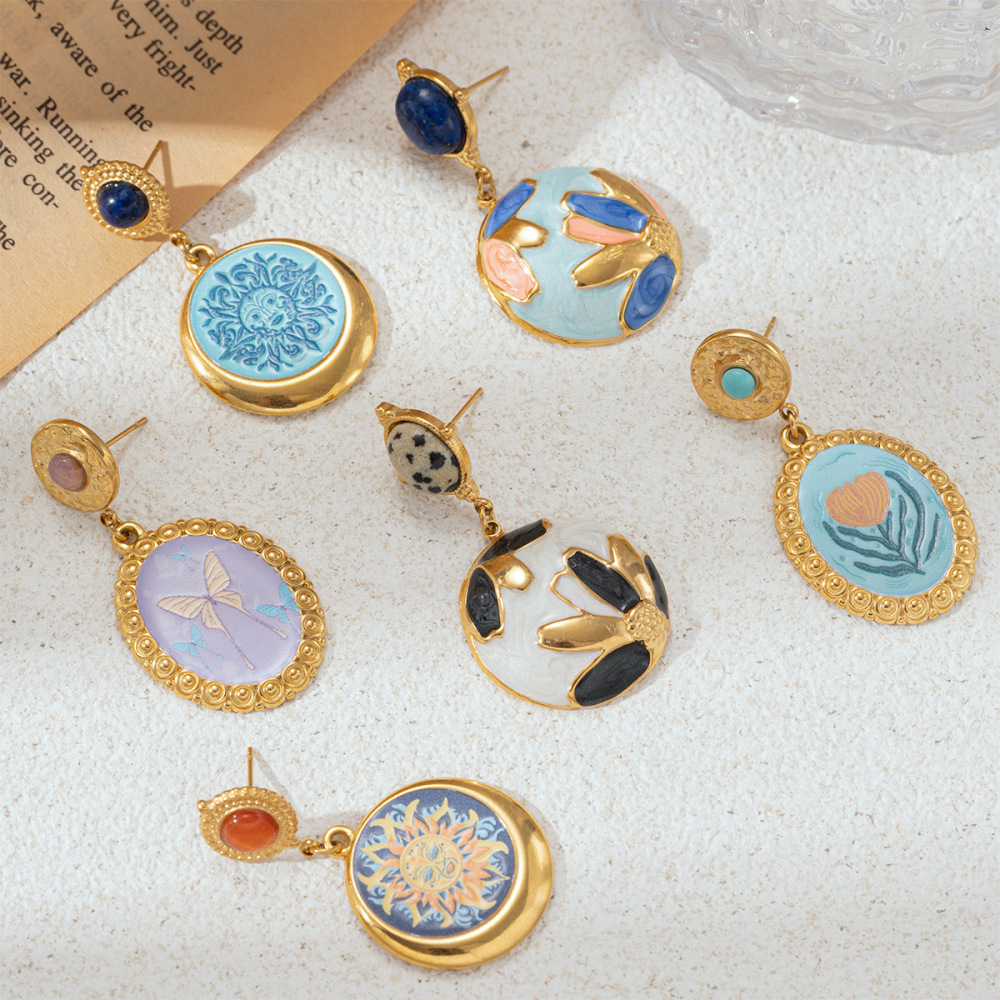1 Paire De Boucles D'Oreilles Pendantes Romantiques En Acier Inoxydable Doré, Émaillées Et Imperméables, En Forme De Fleur. Image3