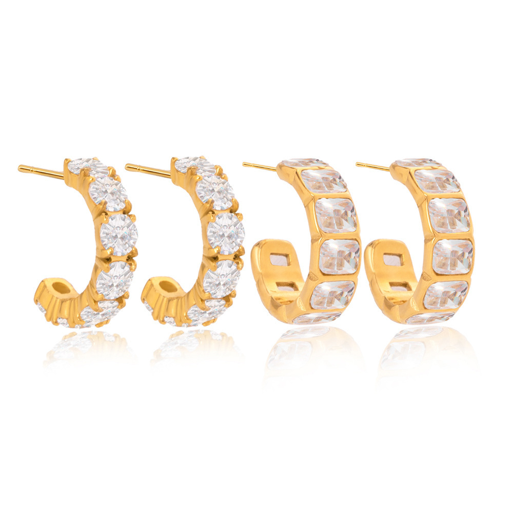 1 Paire De Boucles D'Oreilles Créoles Luxueuses Pour Femme, En Acier Inoxydable Doré Étanche, Ornées De Zircon. Image7