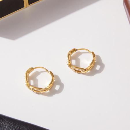 1 paire de boucles d'oreilles créoles rectangulaires pour femme, en acier inoxydable étanche, couleur or, avec zircon. 2