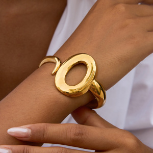 Bracelet Jonc Classique Rond Pour Femme, En Acier Inoxydable Étanche, Couleur Or (1 Pièce) h5 Image3