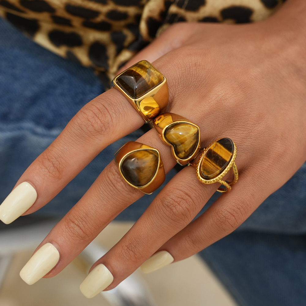 Bague Femme Rétro De Forme Irrégulière En Acier Inoxydable Étanche Couleur Or (1 Pièce) Image6