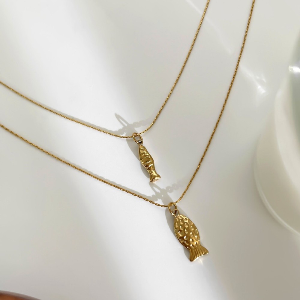 Collier Pendentif En Acier Inoxydable Doré, 1 Pièce, En Forme De Poisson h5Image5