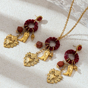 Ensemble Collier Et Pendentif Cœur En Acier Inoxydable Imperméable, Cercle En Velours, Couleur Or Et Pierre Naturelle h5 Image2