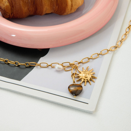 Collier pendentif femme vintage en forme de cœur, en acier inoxydable étanche, couleur or, avec pierre naturelle (1 pièce) 2