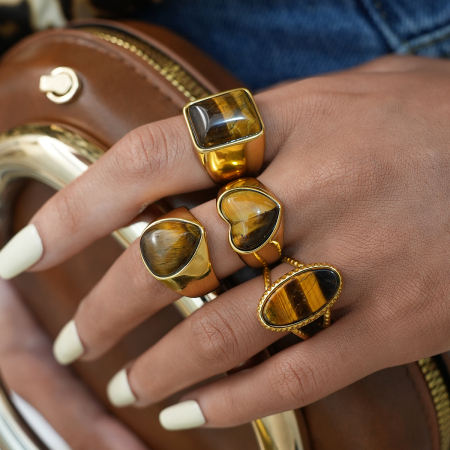 Bague femme rétro de forme irrégulière en acier inoxydable étanche couleur or (1 pièce) 2