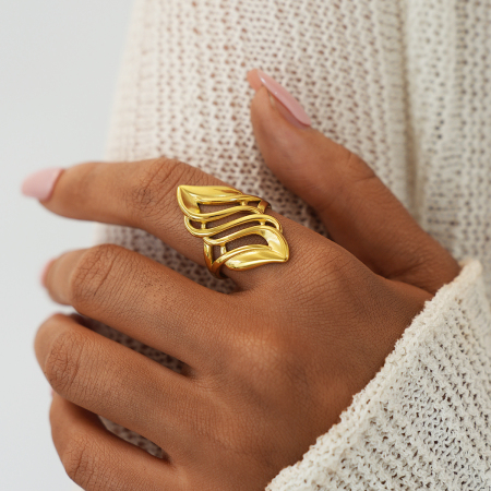 Bague femme simple, rétro, de forme irrégulière, en acier inoxydable, couleur or, étanche. 2