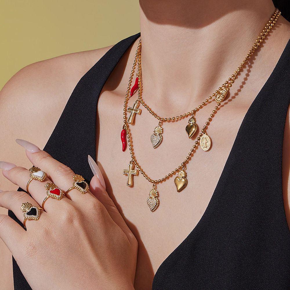 Ensembles De Bijoux Pour Femmes En Acier Inoxydable Doré, Imperméables, En Forme De Cœur, Avec Zircon Et Pendentif En Forme De Cœur Image5