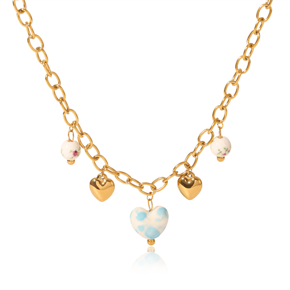 Collier Pendentif En Forme De Cœur En Céramique, Acier Inoxydable Étanche, Couleur Or 