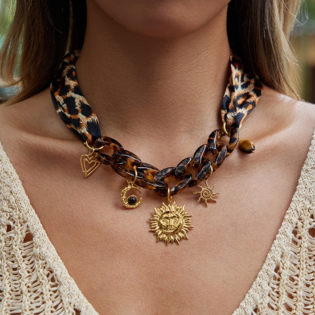 Collier pendentif femme en acier inoxydable, imperméable, couleur or, imprimé léopard soleil, 1 pièce