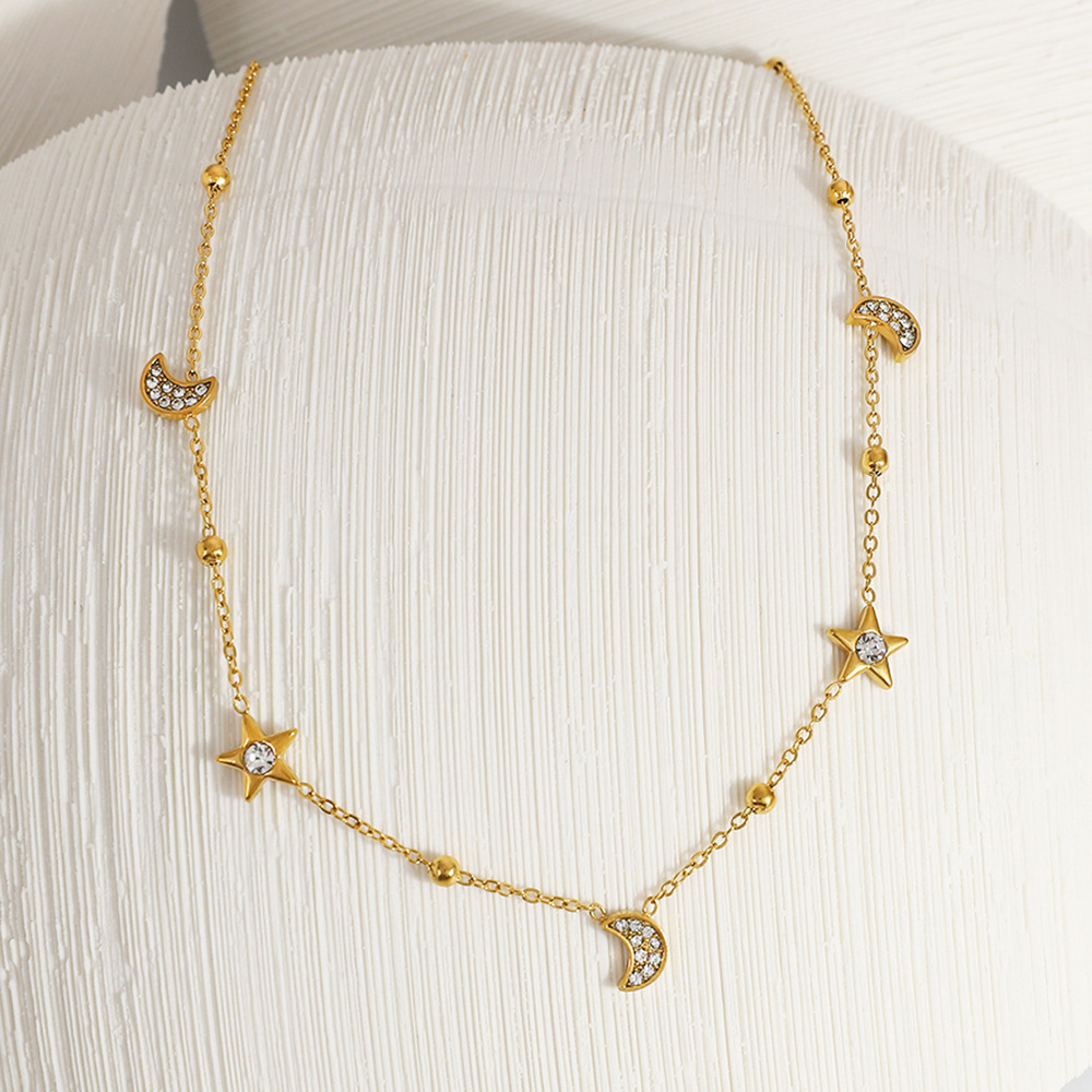 1 Collier Chaîne Femme Simple En Acier Inoxydable Étanche Avec Œil De Diable, Étoile Et Lune h5Image3