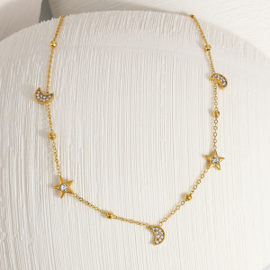 1 Collier Chaîne Femme Simple En Acier Inoxydable Étanche Avec Œil De Diable, Étoile Et Lune h5 Image3