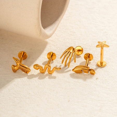 Boucle d'oreille piercing en alliage de titane en forme de feuille, couleur or et zircone 2