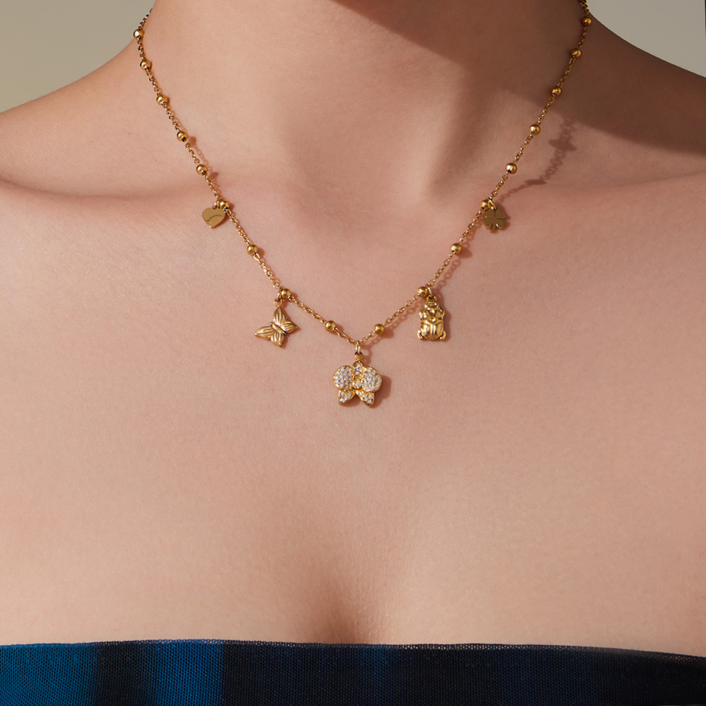 Collier Pendentif Femme En Acier Inoxydable Doré, Motif Phalaenopsis, 1 Pièce Image5
