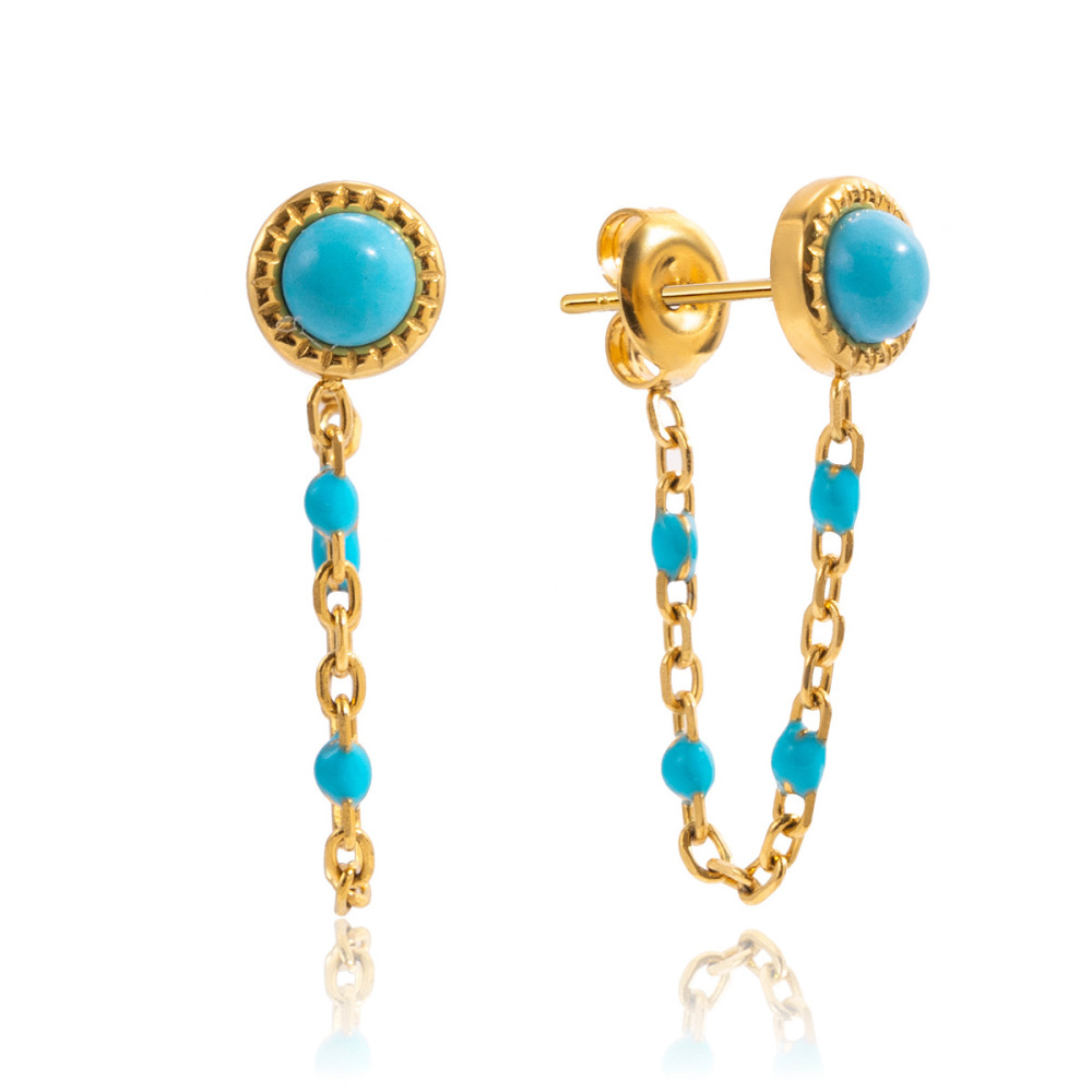 Boucles D'Oreilles Puces Classiques Pour Femme, En Acier Inoxydable, Couleur Or, Avec Chaîne En Calaïte (1 Paire).