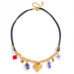 Collier Pendentif Femme Rétro En Forme De Cœur, En Acier Inoxydable, Étanche, Couleur Or Et Acrylique. h5