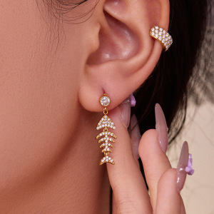 1 Paire De Boucles D'Oreilles Pendantes Délicates En Acier Inoxydable Doré, Imperméables, Avec Zircon, En Forme D'Arête De Poisson. h5 Image5