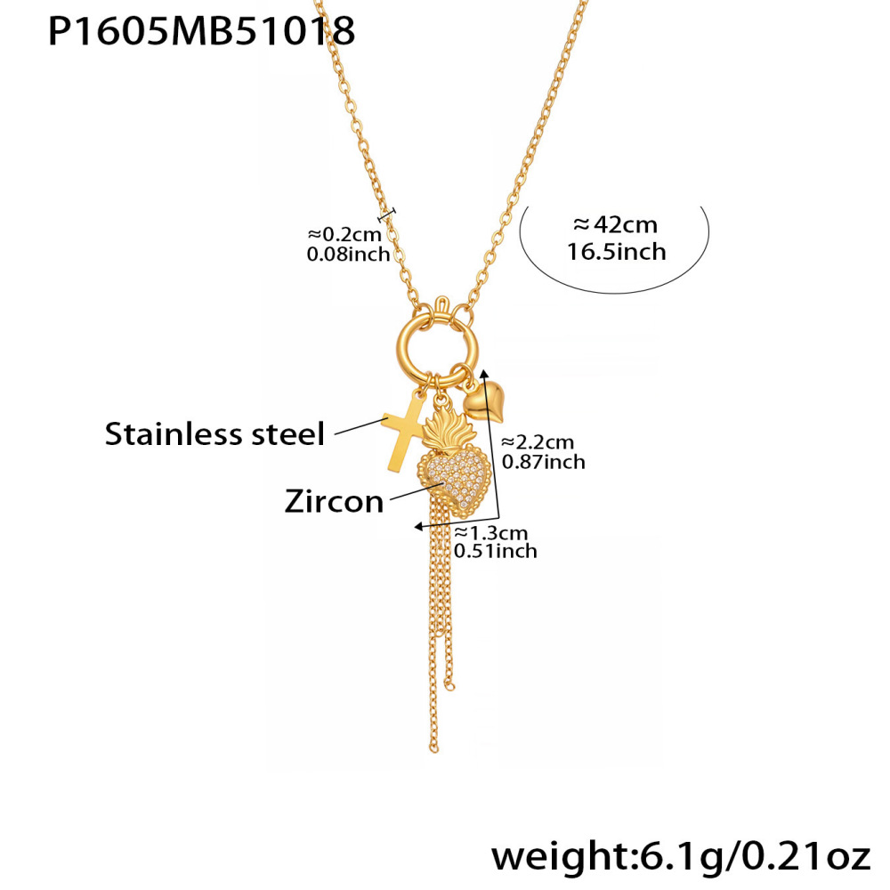 Collier Pendentif Femme En Acier Inoxydable Doré, Orné D'Un Zircon Et D'Un Pompon En Forme De Cœur Image2