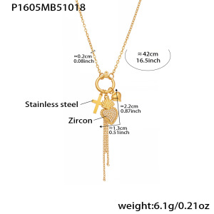 Collier Pendentif Femme En Acier Inoxydable Doré, Orné D'Un Zircon Et D'Un Pompon En Forme De Cœur h5 Image2