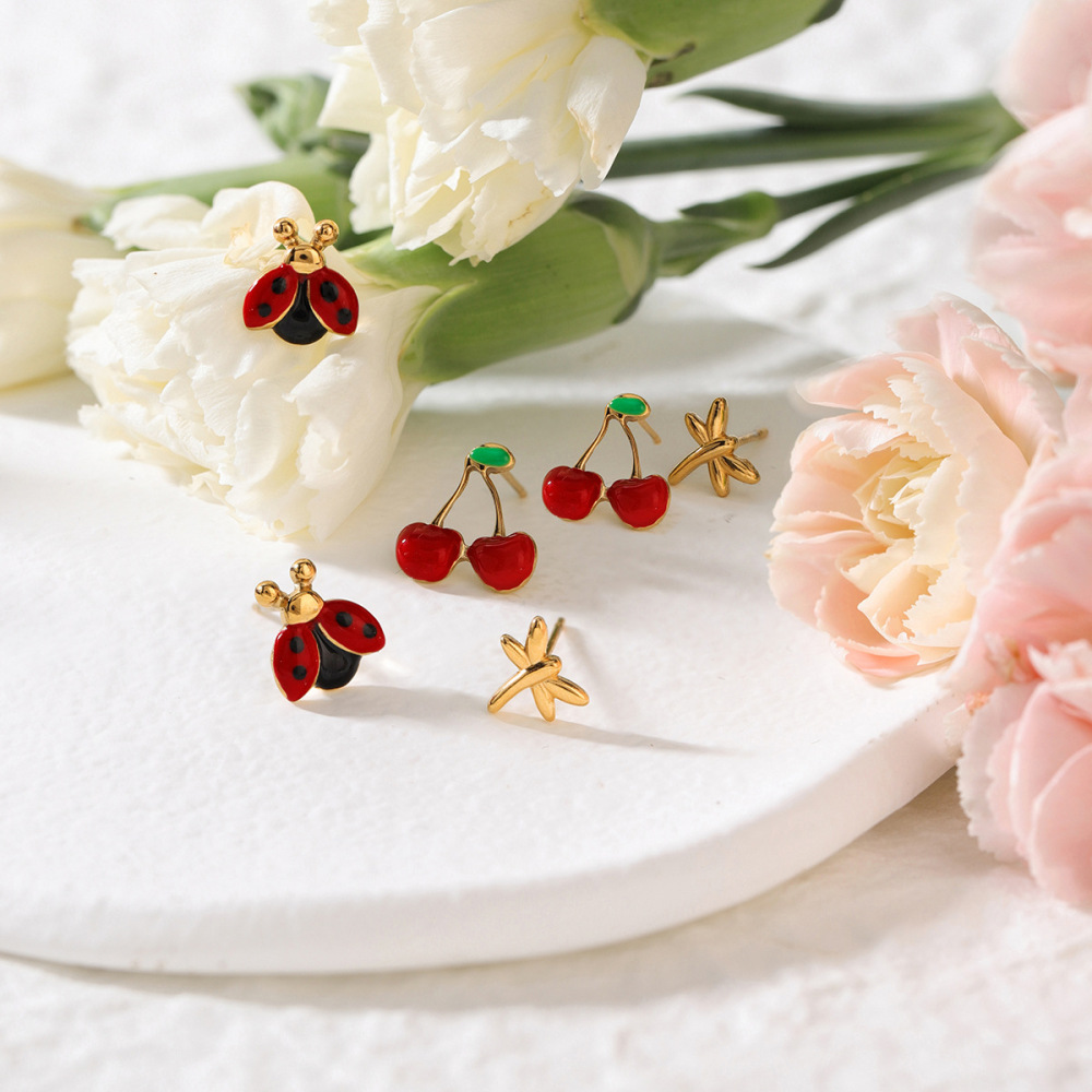 1 Paire De Boucles D'Oreilles Pour Femme En Acier Inoxydable Doré, Couleur Cerise Vive Image4