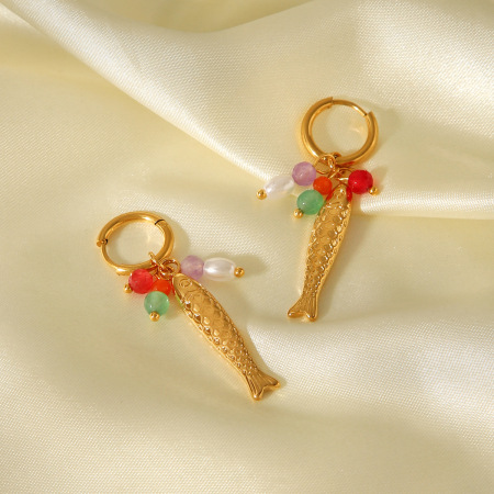 Boucles d'oreilles pendantes en acier inoxydable doré, étanches, en forme de poisson (1 paire) 2