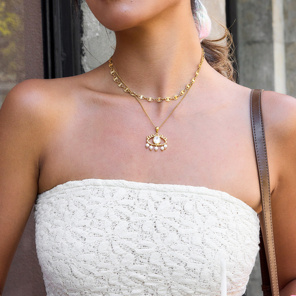 Collier Pendentif Pour Femme, Orné D'Un Œil De Diable, En Acier Inoxydable Étanche Couleur Or (1 Pièce) Image4