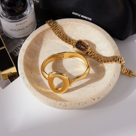 Bracelet jonc classique rond pour femme, en acier inoxydable étanche, couleur or (1 pièce)