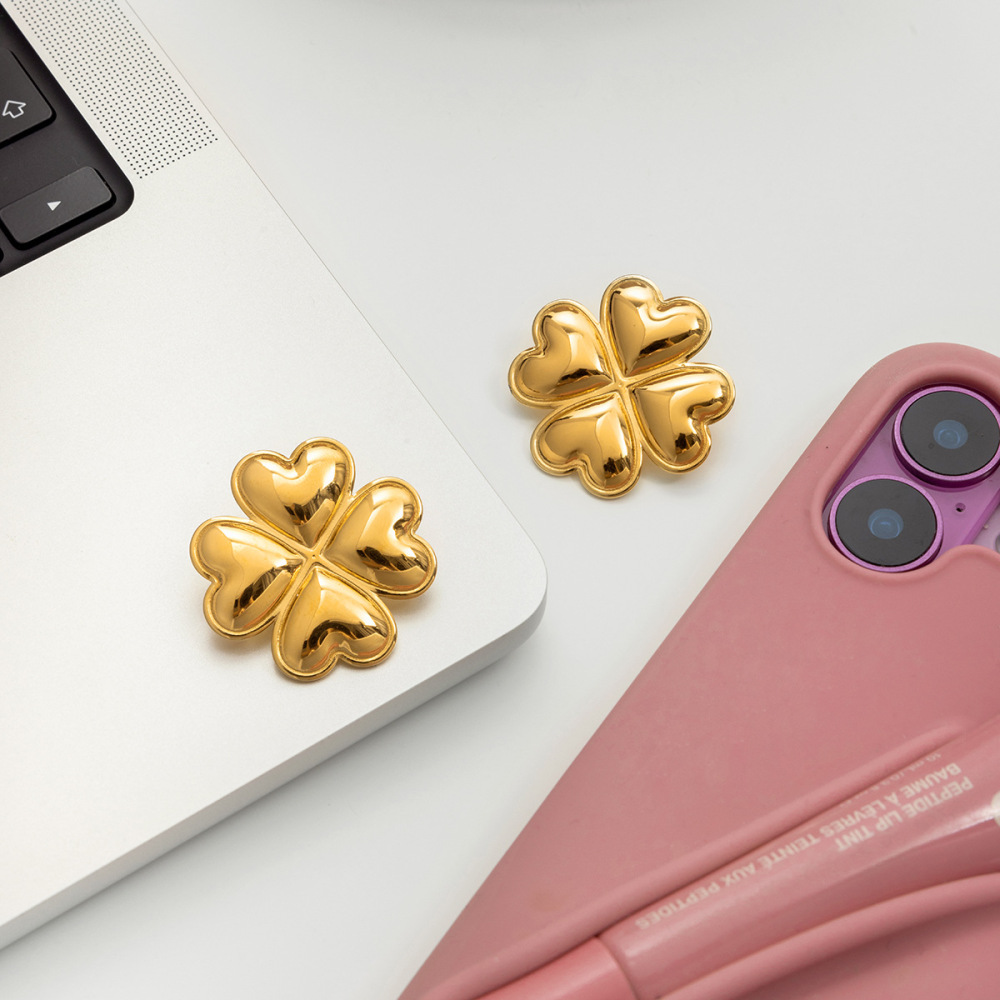 1 Paire De Magnifiques Boucles D'Oreilles Puces Pour Femme, En Acier Inoxydable Doré, Imperméables, Motif Trèfle Image5