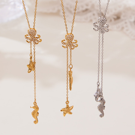 Collier pendentif femme en acier inoxydable doré, étanche, avec zircon, 1 pièce, collection Marine 2