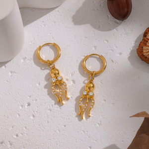 Boucles D'Oreilles Pendantes En Forme De Pieuvre, En Acier Inoxydable Étanche, Couleur Or, Avec Zircon (1 Paire). h5 Image3
