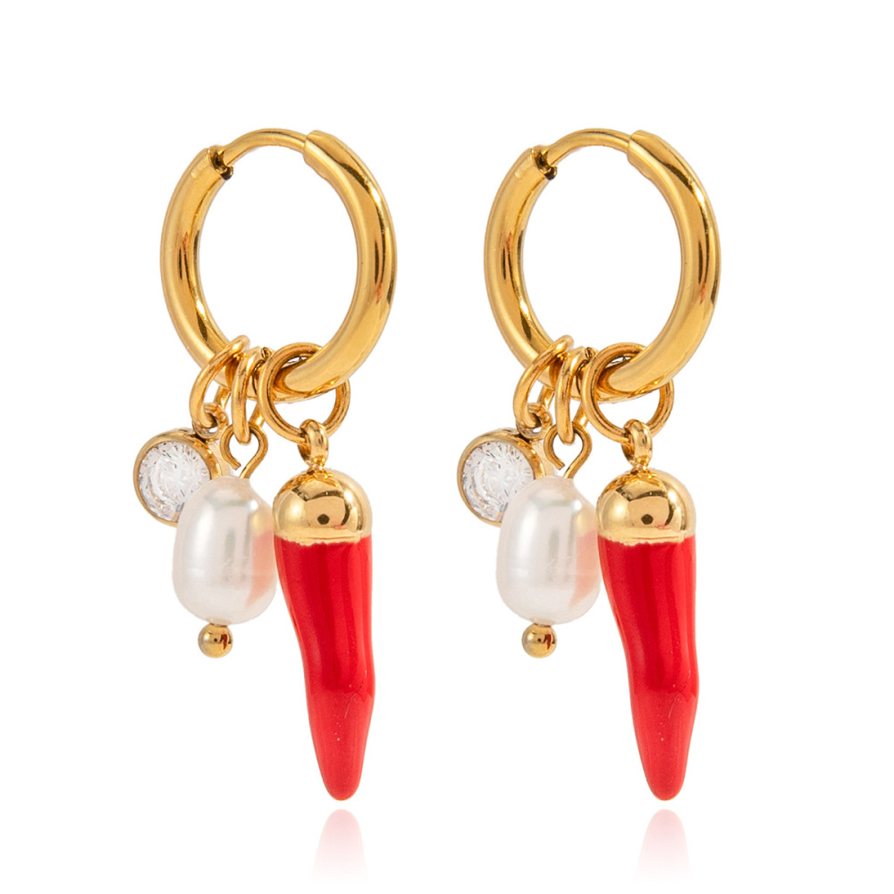 1 Paire De Boucles D'Oreilles Pendantes Classiques Pour Femmes, En Acier Inoxydable Rouge Piment, Étanches Et Couleur Or.