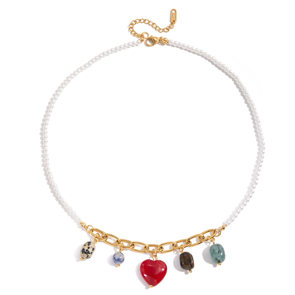 Collier Pendentif Femme En Acier Inoxydable Doré, Orné D'Un Cœur Lustré Et D'Une Pierre Naturelle (1 Pièce)