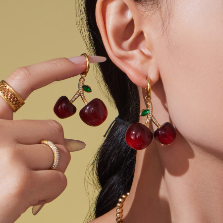 Ensembles de bijoux pour femmes en acier inoxydable, couleur or, avec zircon et cerise douce 2
