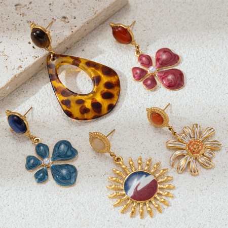 1 paire de boucles d'oreilles pendantes rétro en émail, fleur, acier inoxydable, couleur or, pierre naturelle.