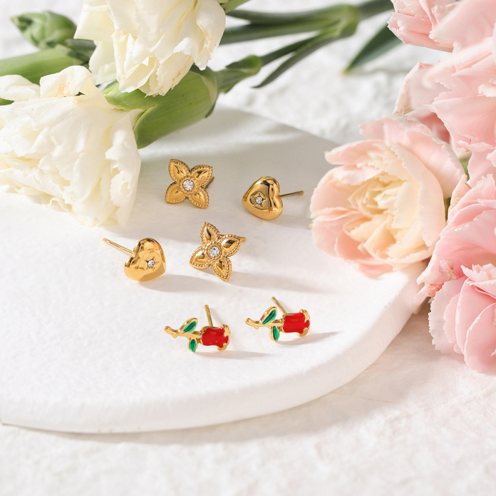 1 Paire De Boucles D'Oreilles Sweet Rose En Acier Inoxydable Étanche Couleur Or Pour Femme h5Image4