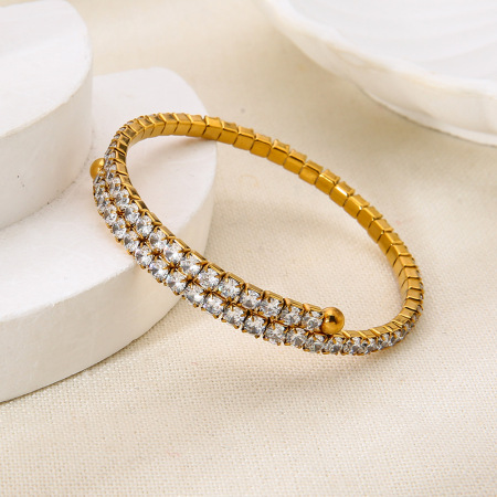Bracelet manchette de luxe en acier inoxydable, étanche, couleur or, orné de zircon (1 pièce).