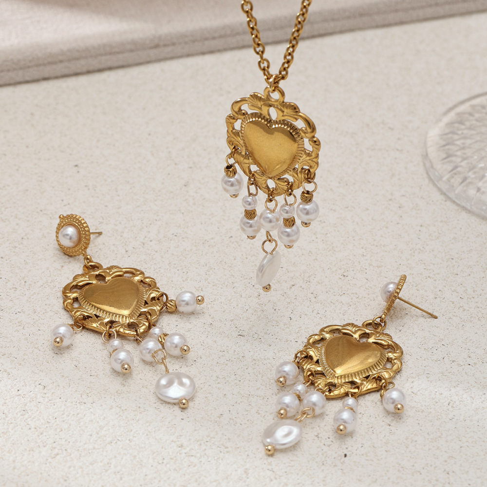 Ensemble De Colliers À Pompon Et Perles En Acier Inoxydable Doré, En Forme De Cœur, Étanches. Image3