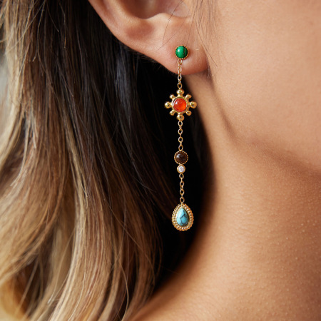 Boucles d'oreilles pendantes pour femme, en acier inoxydable polychrome, étanches, couleur or, avec pierre naturelle (1 paire).