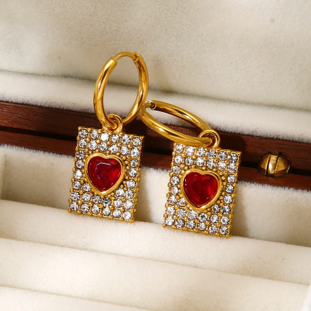 1 paire de boucles d'oreilles créoles élégantes en forme de cœur, rectangulaires, en acier inoxydable étanche avec zircon. 2