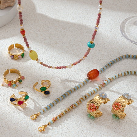 Ensemble De Bracelets Rétro En Acier Inoxydable Et Perles En Pierre Naturelle
