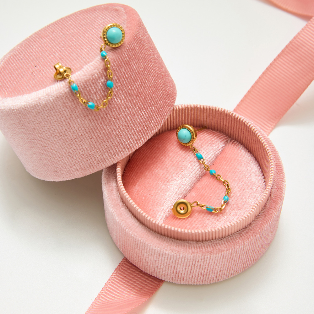 Boucles D'Oreilles Puces Classiques Pour Femme, En Acier Inoxydable, Couleur Or, Avec Chaîne En Calaïte (1 Paire). Image3