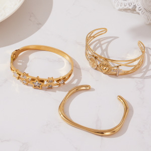 Bracelet Manchette Femme En Acier Inoxydable Doré Avec Zircon Et Motif Étoile Personnalisable (1 Pièce). h5 Image4