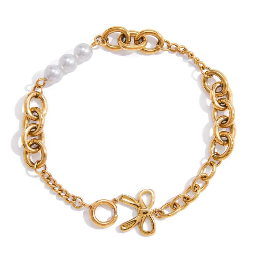 Bracelet À Breloques Pour Femme, 1 Pièce, Nœud Papillon Romantique, En Acier Inoxydable Étanche, Couleur Or 