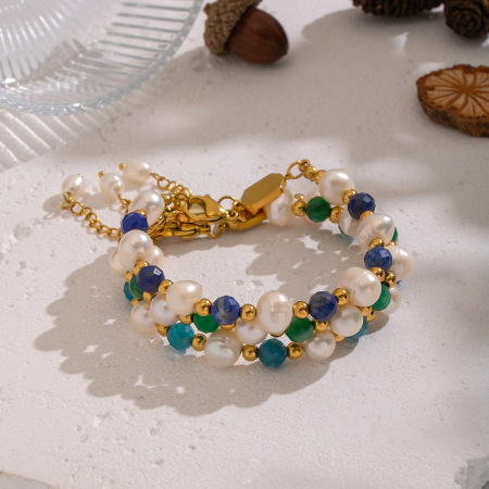 Bracelet élégant en acier inoxydable imperméable, orné de perles et de pierres naturelles (1 pièce).
