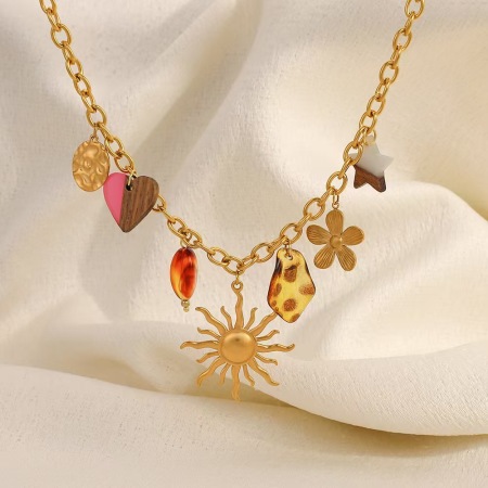 Collier pendentif femme étanche en acier inoxydable, motif fleur, cœur, soleil et étoile (1 pièce)