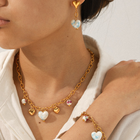 Collier pendentif en forme de cœur en céramique, acier inoxydable étanche, couleur or