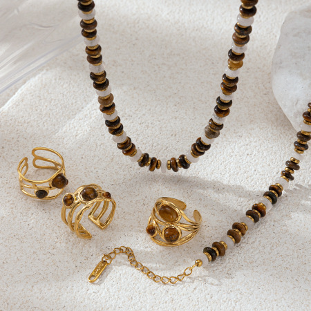 Ensemble de colliers en acier inoxydable avec perles en pierre naturelle