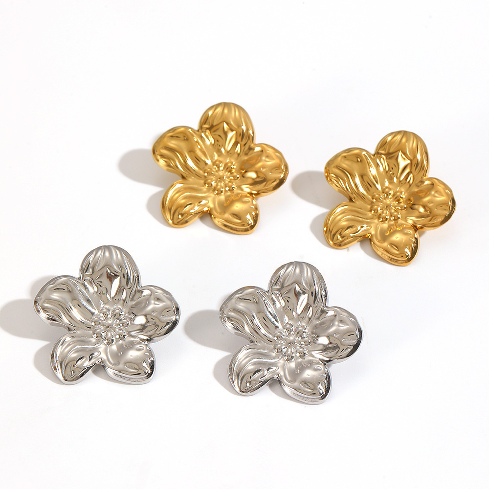 1 Paire De Boucles D'Oreilles À Clous En Acier Inoxydable Doré, Imperméables, En Forme De Fleur Image3