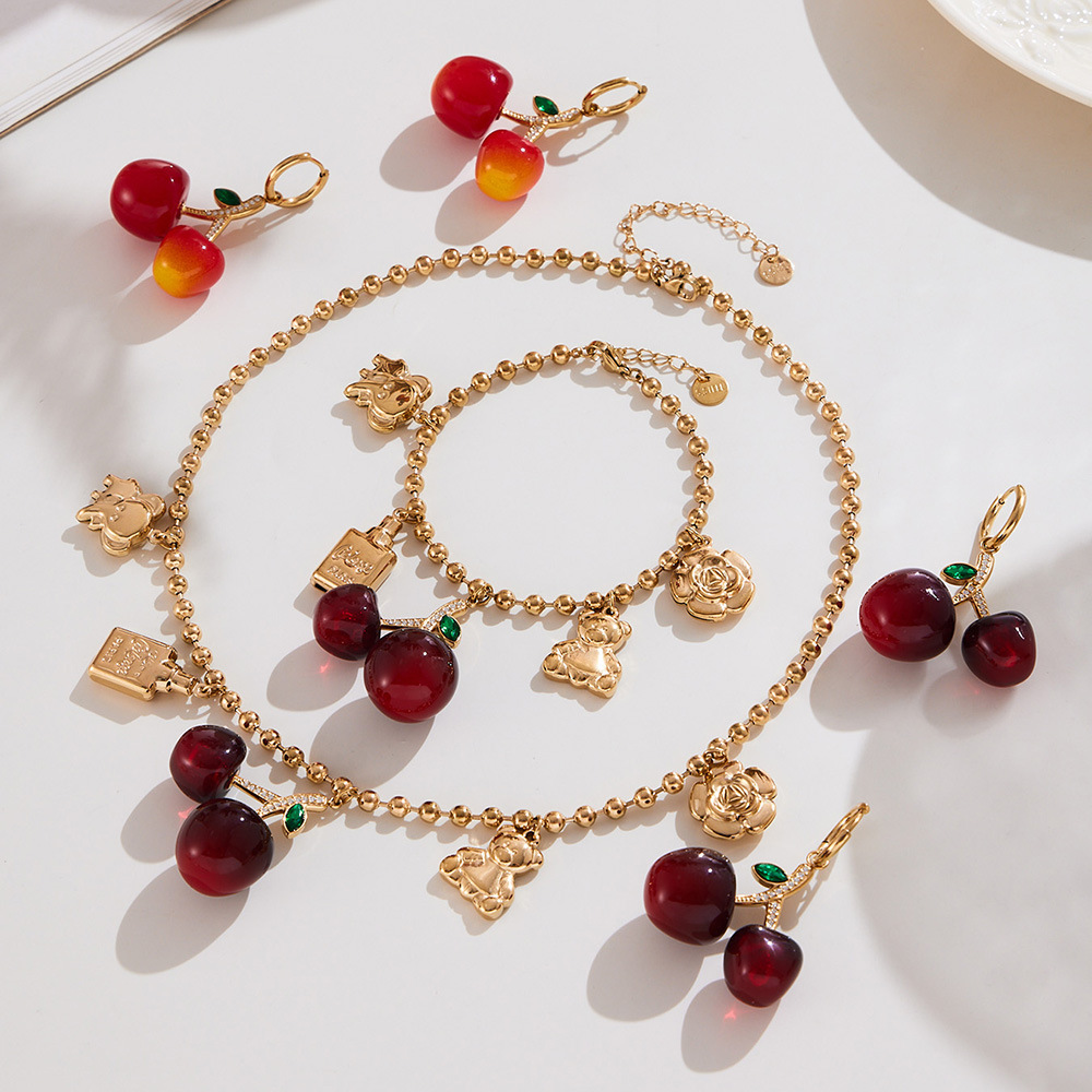 Ensembles De Bijoux Pour Femmes En Acier Inoxydable, Couleur Or, Avec Zircon Et Cerise Douce Image4