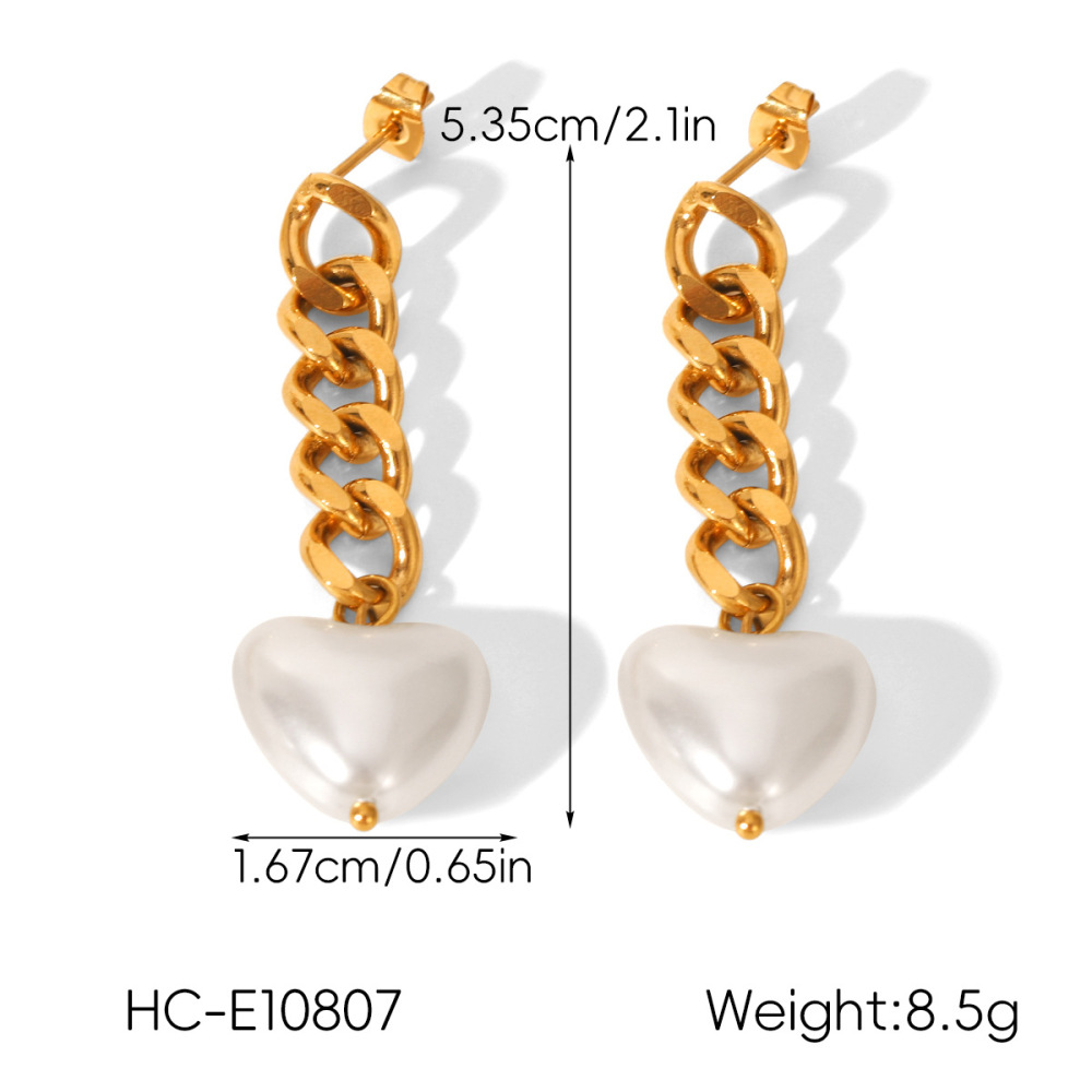 Boucles D'Oreilles Pendantes En Forme De Cœur, Perles, En Acier Inoxydable Doré, Imperméables Et À Chaîne (1 Paire). Image2