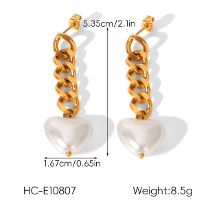 Boucles D'Oreilles Pendantes En Forme De Cœur, Perles, En Acier Inoxydable Doré, Imperméables Et À Chaîne (1 Paire). h5 Image2